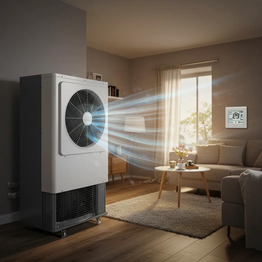 Heat pump blowing cool air into a comfortable living space, illustrating potential heating issues