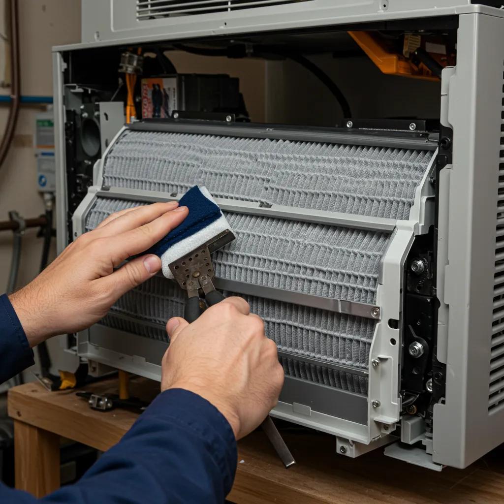 Technician cleaning a heat pump air filter, highlighting essential maintenance steps for optimal efficiency