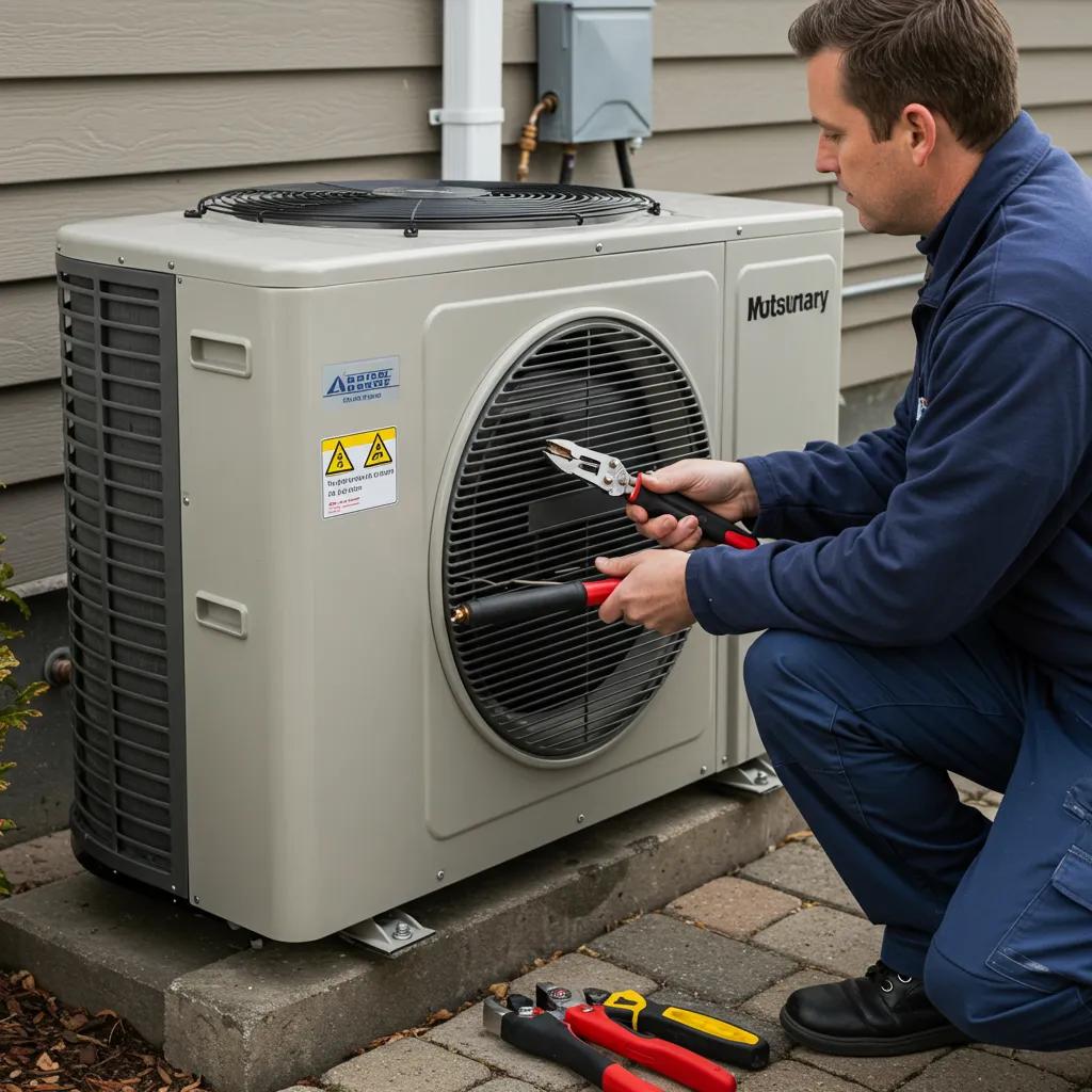 Technician inspecting a heat pump unit outdoors, highlighting home heating solutions
